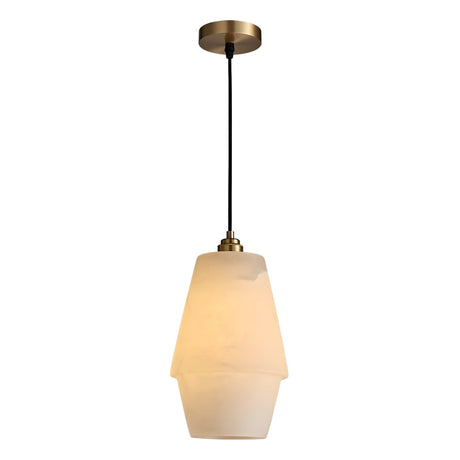 The Bellorin 1 Light Large Alabaster Single Pendant Light features a soft white alabaster shade and black cord, suspended from a brushed brass round ceiling mount for a modern look.