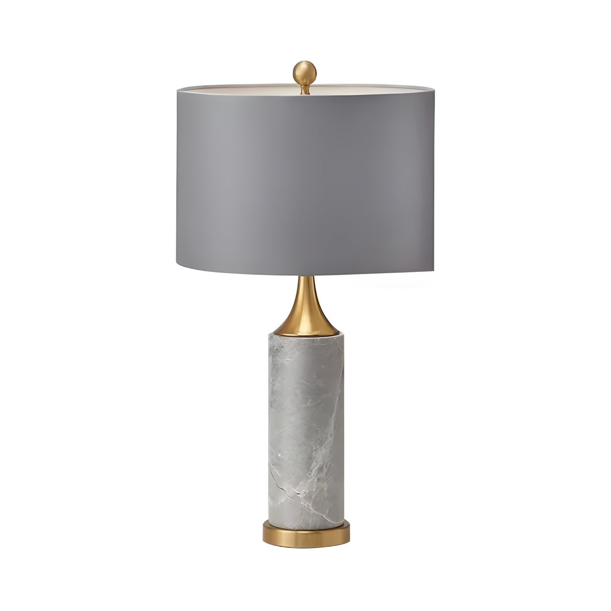 The Valoma 1 Light Sculpted Marble Table Lamp in brass and grey features gold accents and a round gray lampshade, displayed against a white background.