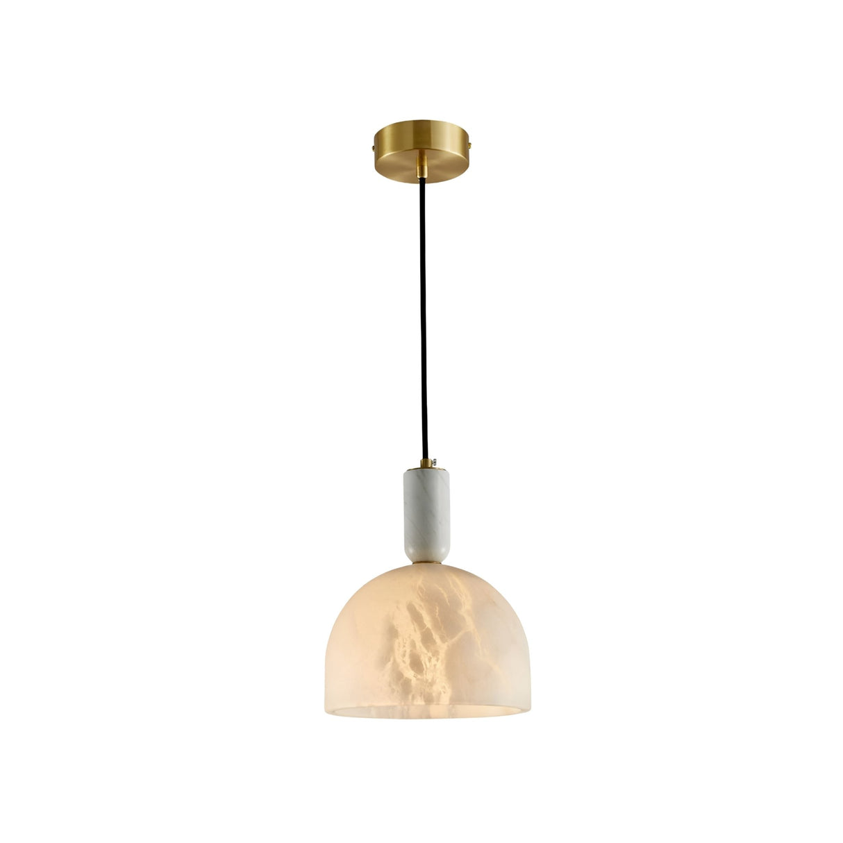 The Belvix 1 Light Small Dome Alabaster Single Pendant Light in soft white and brushed brass features a translucent dome-shaped shade and black cord, softly illuminated against a white background.