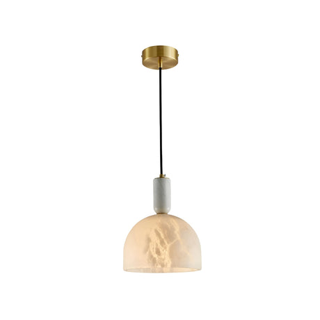 The Belvix 1 Light Small Dome Alabaster Single Pendant Light in soft white and brushed brass features a translucent dome-shaped shade and black cord, softly illuminated against a white background.