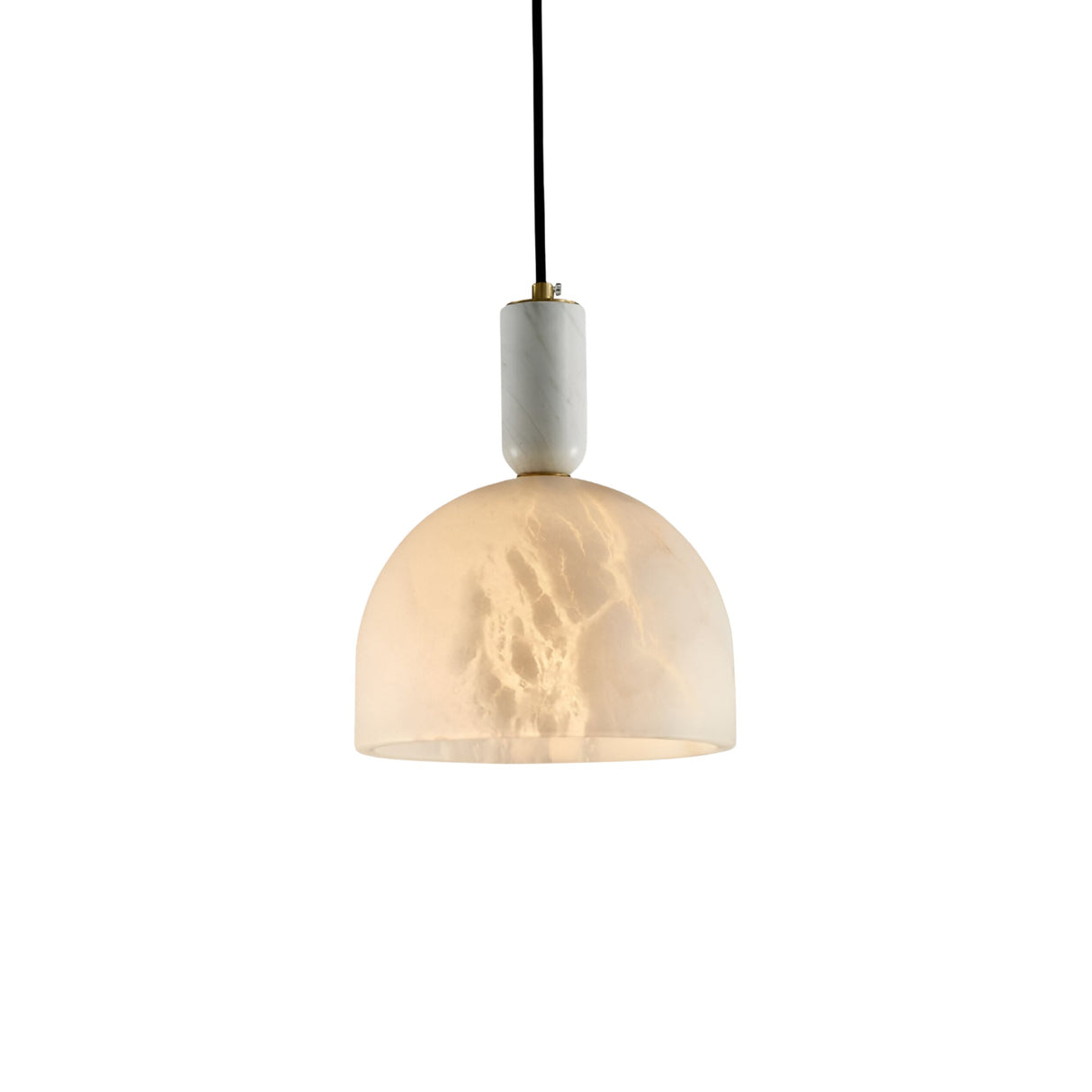 The Belvix 1 Light Small Dome Alabaster Pendant features a soft white semi-translucent shade, a brushed brass accent, and is suspended by a black cord, creating a warm, modern glow.