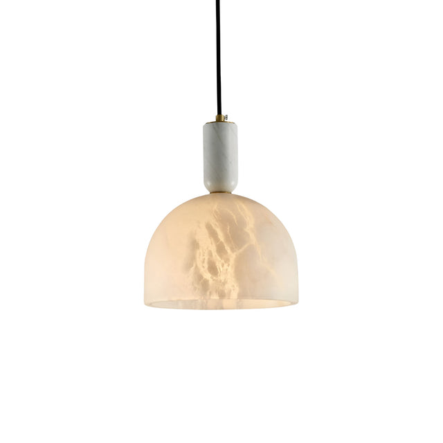 The Belvix 1 Light Small Dome Alabaster Pendant features a soft white semi-translucent shade, a brushed brass accent, and is suspended by a black cord, creating a warm, modern glow.