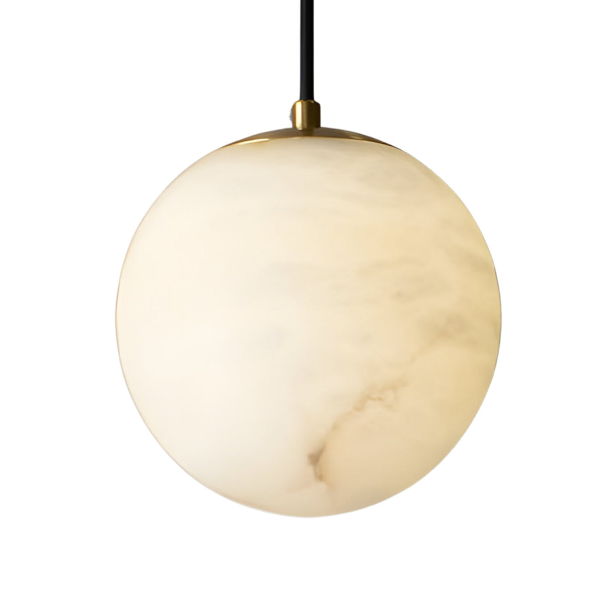 The Lyvane 1 Light Large Globe Alabaster Single Pendant Light in Soft White features natural Spanish alabaster with subtle beige marbling, hanging from a thin black cord for a soft, warm glow and minimal modern style.