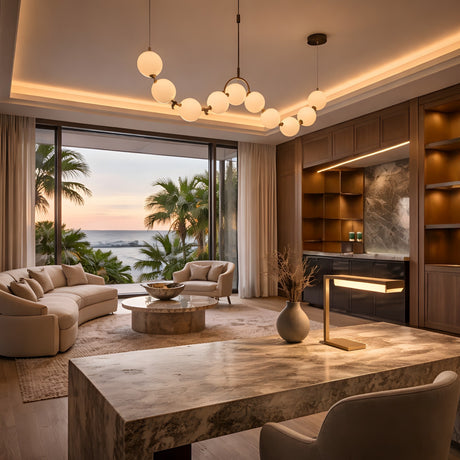 Niori Luxoria 10 light alabaster chandelier with white globes on a polished chrome armature, suspended above a coastal living room at sunset.