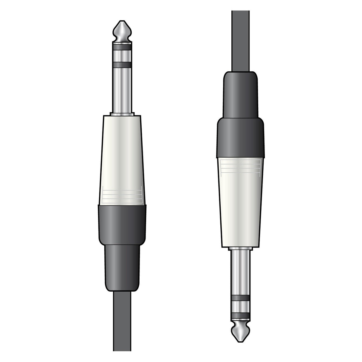 Illustration of two Citronic Classic Audio Lead 6.3mm jack plugs, one shown from the side and the other from the top. Both plugs feature a metallic tip housed in a black and white plastic casing. These audio leads are equipped with pure copper conductors, with cables connected at the bottom of each plug.