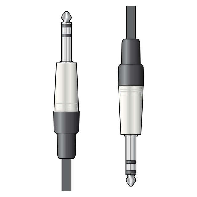 Illustration of two Citronic Classic Audio Lead 6.3mm jack plugs, one shown from the side and the other from the top. Both plugs feature a metallic tip housed in a black and white plastic casing. These audio leads are equipped with pure copper conductors, with cables connected at the bottom of each plug.