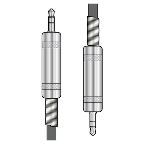 Illustration of two Citronic Classic Audio Leads with 3.5mm silver stereo TRS jacks, showcasing detailed textures from different angles. One lead is highlighted with a coiled design, while the other features a straight audio cable with pure copper conductors to ensure optimal sound quality.