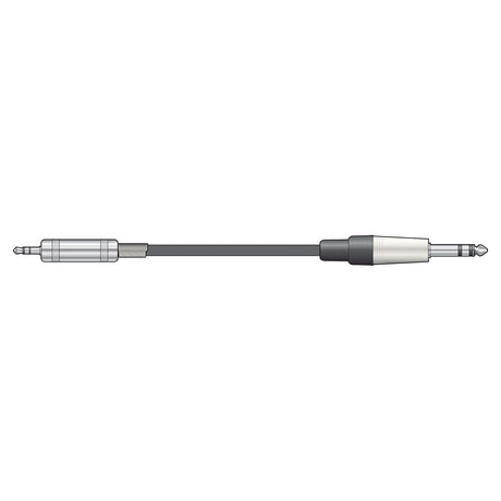 Illustration of the Citronic Classic Audio Lead, which showcases a black cord with a 3.5mm headphone jack on one end and a 1/4 inch (6.35mm) stereo TRS jack plug on the other. The silver connectors catch the light, suggesting their pure copper conductors and sleek metallic finish.
