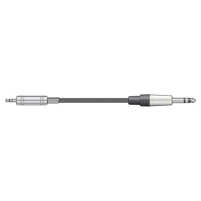 Illustration of the Citronic Classic Audio Lead, which showcases a black cord with a 3.5mm headphone jack on one end and a 1/4 inch (6.35mm) stereo TRS jack plug on the other. The silver connectors catch the light, suggesting their pure copper conductors and sleek metallic finish.
