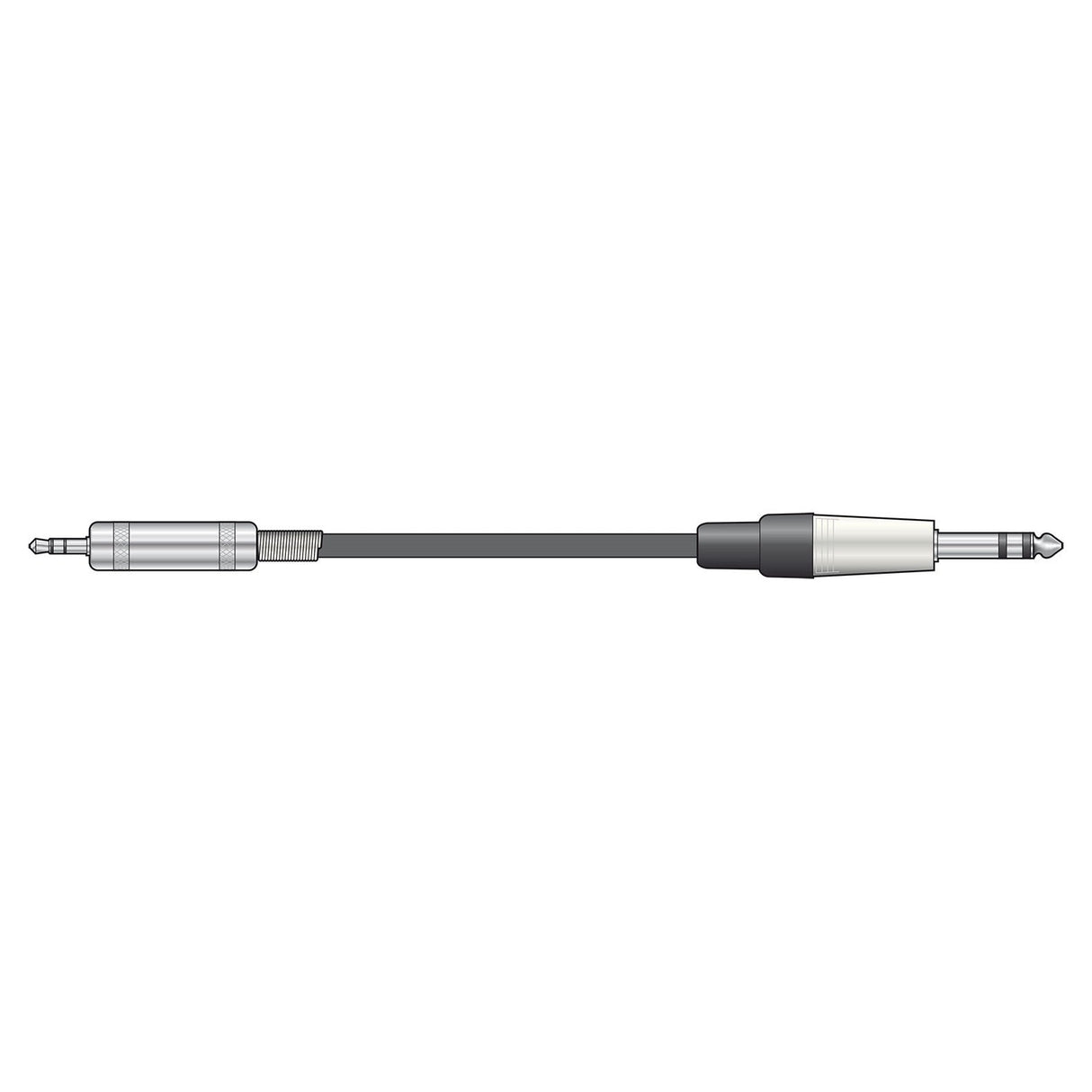 Illustration of the Citronic Classic Audio Lead, showcasing a black cable with a 3.5mm male jack on one end and a 6.35mm stereo TRS jack plug on the other. It is designed with silver connectors for premium performance, featuring pure copper conductors, and measures 6 meters in length.