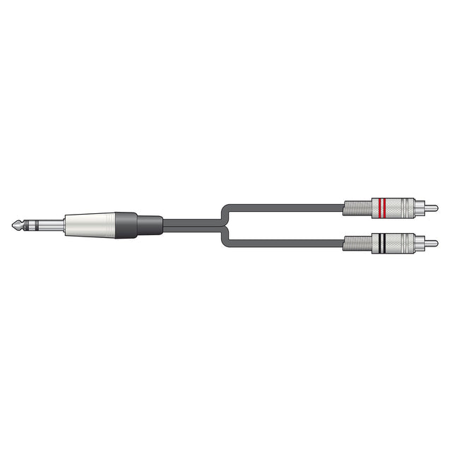 Illustration of the Citronic Classic Audio Lead, featuring a 6.3mm TRS jack plug on one end and dual RCA phono plugs on the other end, with one plug marked by a red band. The gray cable is 1.5 meters long.