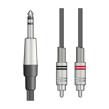 Citronic S6J-2R300 stereo 6.3mm TRS jack to twin RCA phono audio lead with chrome connectors and black cable, shown on a plain white background.