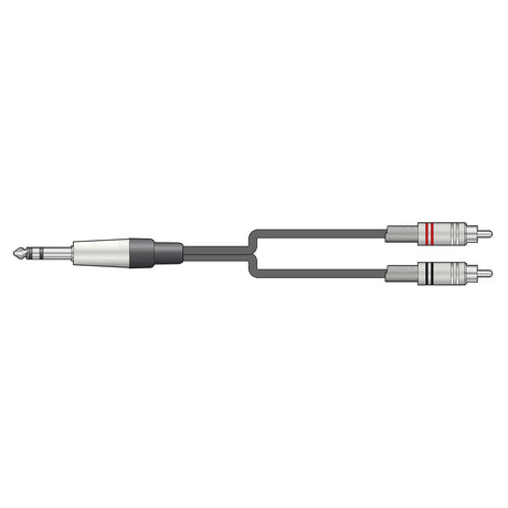 Illustration of the Citronic Classic Audio Lead 6.3mm TRS Jack to 2 RCA Plugs - 3m, showcasing a 6.35mm TRS jack plug on one end and two RCA phono plugs on the other, with a distinct red marking on one of the RCA plugs. The gray cable is set against a white background.