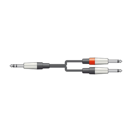 Citronic S6J-2M6J150 1.5m insert lead with 6.3mm stereo TRS jack splitting into two 6.3mm mono jack plugs, one red-banded, on white.