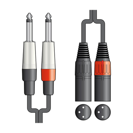 Citronic 26J-2XM300 twin audio lead with two 6.35mm mono jack plugs splitting to two male XLR connectors on a plain white background.