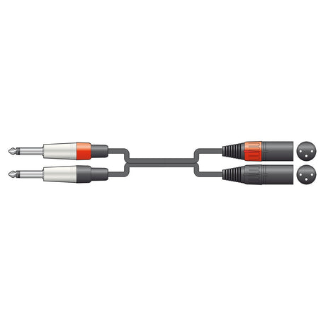 A depiction of the Citronic Classic Audio Lead showcasing two quarter-inch mono jack plugs on the left, one featuring a red band, alongside two XLR male connectors on the right, each adorned with black grips. The dark gray cable integrates seamlessly into this essential 3-meter setup.
