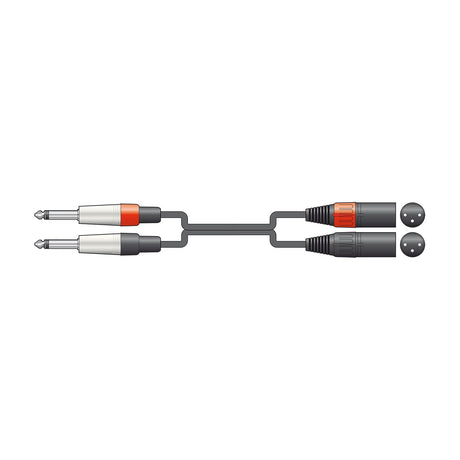 Citronic 26J-2XM600 twin audio lead with two 6.3mm mono jack plugs on one end and two male XLR connectors on the other, shown on a white background.