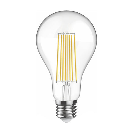 Clear pear-shaped LED filament bulb with E27 screw cap, showing visible vertical filaments and silver base, photographed on a plain white background.