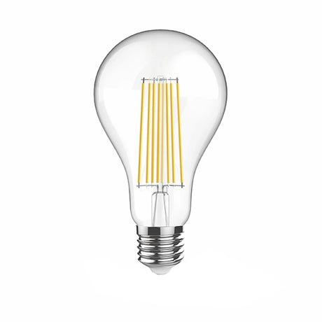 Clear pear-shaped LED filament bulb with E27 screw cap, visible vertical filaments and chrome base, shown on a plain white background.