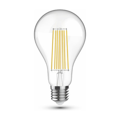 Clear GLS LED filament bulb with visible vertical filaments, E27 screw cap, and metal base, shown on a plain white background, 17W 4000K 2500lm.