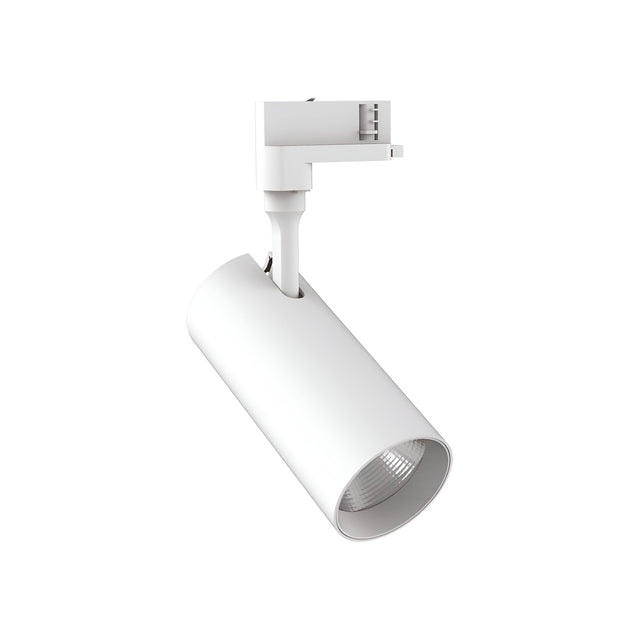 The Pristina LED Three Phase Track Spotlight 30W in white, featuring CRI80 and a 50° beam angle at 3000K, is mounted on a ceiling bracket. With its sleek cylindrical design, it provides modern appeal perfect for accent lighting, offering precise downward illumination.
