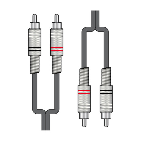 Citronic 2R-2R050 twin RCA phono audio lead with four die-cast silver plugs, red and black channel bands, and grey shielded 0.5m cable.