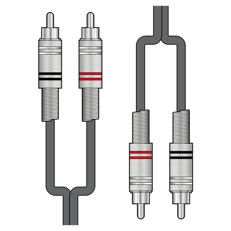 Illustration of the Citronic Classic Audio Lead, a pair of 0.5m gray cables featuring silver connectors. Each cable is equipped with pure copper conductors and a ribbed texture, with one RCA phono plug marked by a red ring for the right audio channel and the other by a black ring for the left.