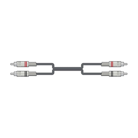 Citronic 2R-2R300 twin RCA phono audio lead with four chrome plugs, red and black bands, and grey shielded cable on a white background.