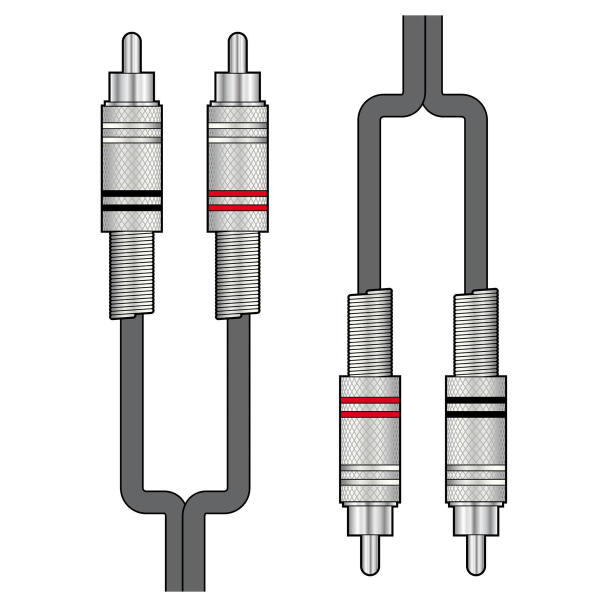 Illustration of the Citronic Classic Audio Lead, showcasing RCA phono plugs with gray shielded audio leads and metallic connectors. This 6m cable includes one lead with a red stripe and another with a black stripe, designating the left and right audio channels respectively. It features pure copper conductors to ensure optimal sound quality.