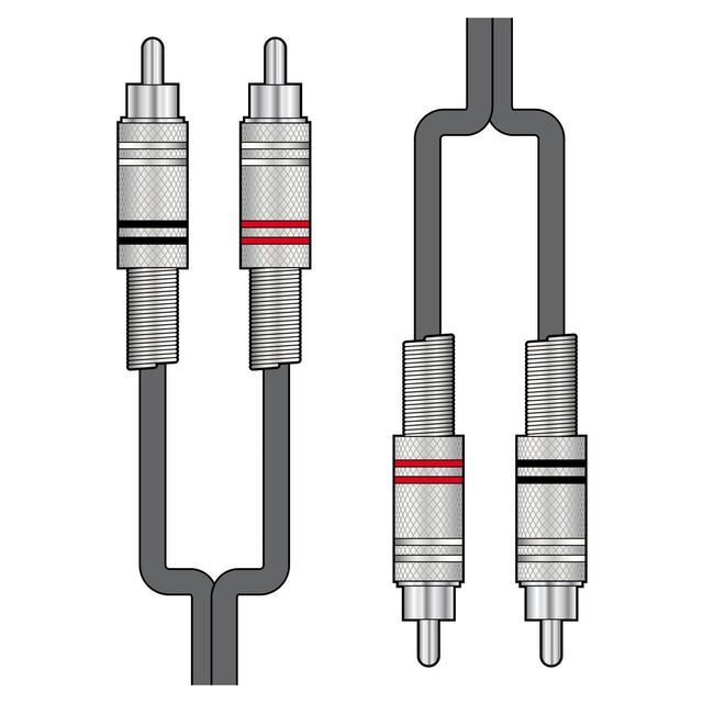 Illustration of the Citronic Classic Audio Lead, showcasing RCA phono plugs with gray shielded audio leads and metallic connectors. This 6m cable includes one lead with a red stripe and another with a black stripe, designating the left and right audio channels respectively. It features pure copper conductors to ensure optimal sound quality.
