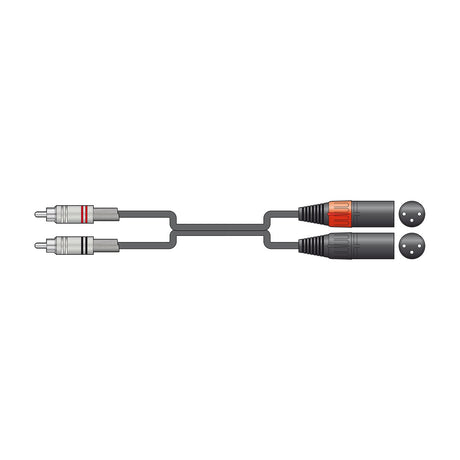 Citronic 2R-2XM075 twin RCA to male XLR audio lead with two phono plugs and two black die-cast XLR connectors on a white background.