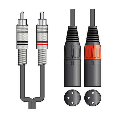 Citronic 2R-2XM300 twin RCA to male XLR 3m audio lead with silver phono plugs and black die-cast XLR connectors on a white background.