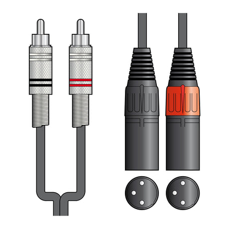 Illustration of two types of shielded audio leads: on the left, a Citronic Classic Audio Lead with 2 RCA plugs in red and white; on the right, an XLR cable featuring black connectors, one highlighted with an orange ring. Both have corresponding pin diagrams shown below.