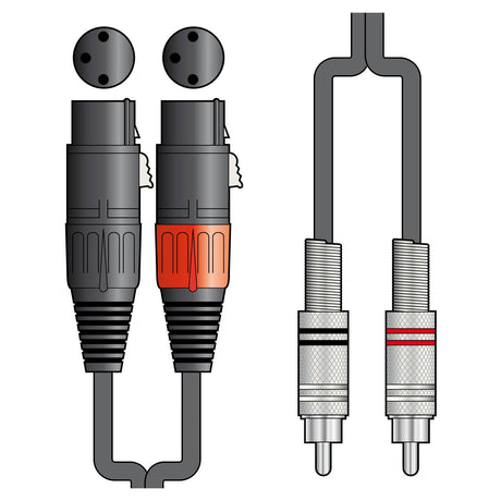 Illustration of the Citronic Classic Audio Lead, showcasing two XLR Female connectors on the left—one with a red band—and two RCA plugs on the right—one featuring a red ring. The connectors are linked by gray 1.5m wires.