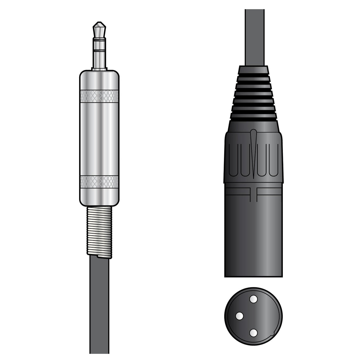 Depiction of an audio connection setup featuring a Citronic Classic Audio Lead: a silver TRS jack plug on the left, symbolizing the 3.5mm headphone connection, and a black XLR connector on the right. Both connectors are shown side by side against a white background, highlighting the unique attributes of each component in this 0.5m audio lead.