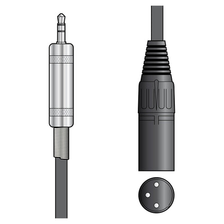 Depiction of an audio connection setup featuring a Citronic Classic Audio Lead: a silver TRS jack plug on the left, symbolizing the 3.5mm headphone connection, and a black XLR connector on the right. Both connectors are shown side by side against a white background, highlighting the unique attributes of each component in this 0.5m audio lead.