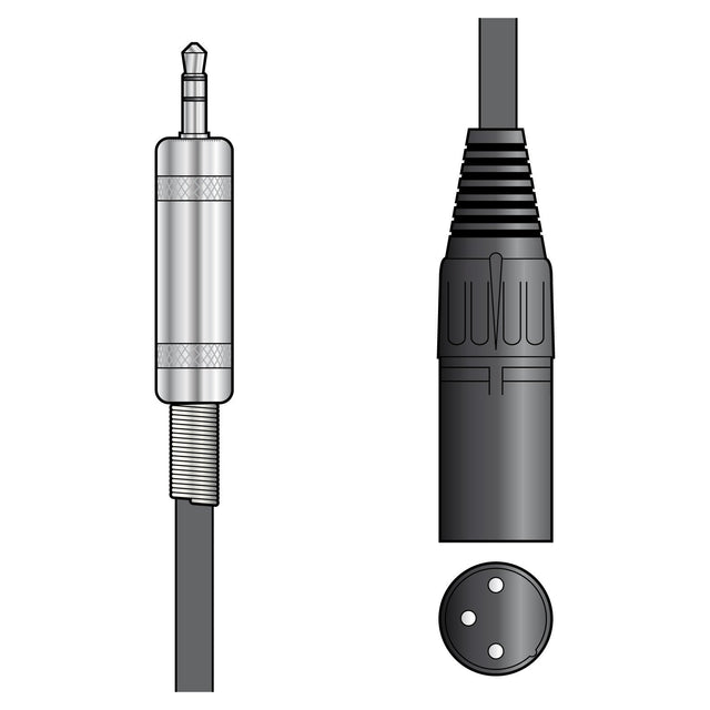 Depiction of an audio connection setup featuring a Citronic Classic Audio Lead: a silver TRS jack plug on the left, symbolizing the 3.5mm headphone connection, and a black XLR connector on the right. Both connectors are shown side by side against a white background, highlighting the unique attributes of each component in this 0.5m audio lead.