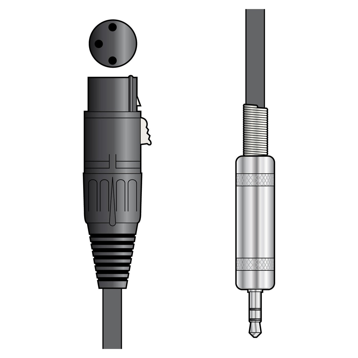 The illustration shows the Citronic Classic Audio Lead, featuring an XLR female connector on the left and a 3.5mm stereo jack plug on the right. The XLR connector includes three pins and a latch, while the stereo jack plug features a metal tip with two rings. This audio lead is commonly used in equipment for ensuring reliable connections that deliver crisp sound over its 0.5-meter length.
