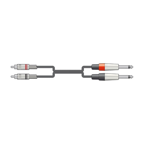 Citronic audio lead with two RCA phono plugs, one red-banded, connecting to two 6.3mm mono jack plugs on a plain white background.