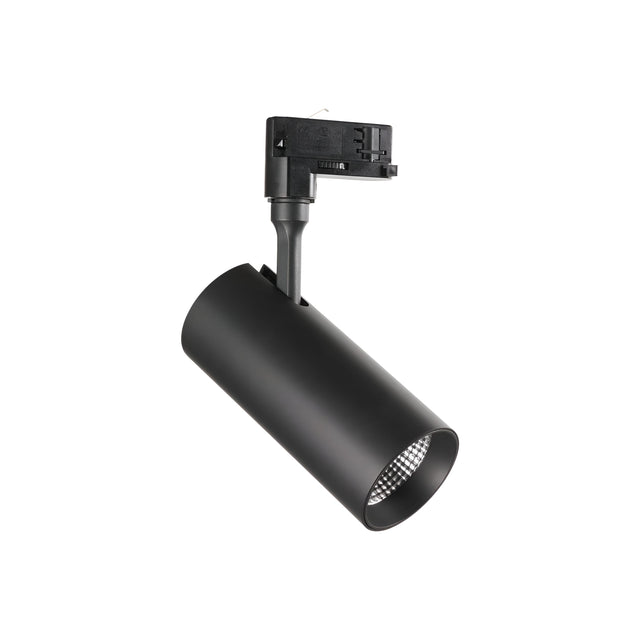 The Pristina LED Three Phase Track Spotlight in black, with a cylindrical design and a CRI80 rating, is displayed against a white background. The light is angled downward, showcasing the connector at the top for easy attachment to a three-phase lighting system.