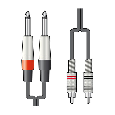 Citronic 2R-2M6J600 twin 6.3mm mono jack to RCA phono audio lead with silver connectors and grey cable on a plain background.
