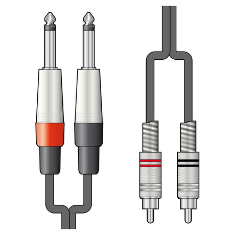 An illustration of the Citronic Classic Audio Lead, featuring two types of connectors: On the left, a pair of 1/4-inch mono jack connectors, one with a red band, and on the right, a pair of RCA phono connectors, one with a red band. Both shielded audio leads are grey and joined together.