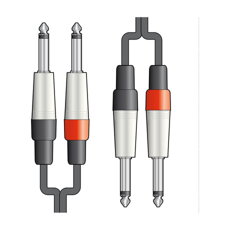 Citronic 2M6J-J600 twin audio lead with four 6.3mm mono jack plugs, shown in silver and black with a red band, on a plain white background.