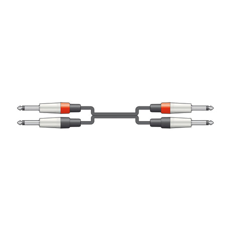 Citronic 2M6J-J600 twin 6.3mm mono jack audio lead with four die-cast plugs and red rings on two connectors, shown on a white background.