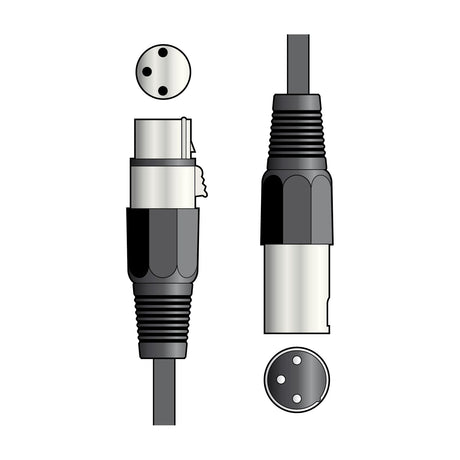 QTX Essential 3.0m microphone lead by AVSL with female and male XLR connectors in silver and black, shown with pin layout diagrams on a white background.