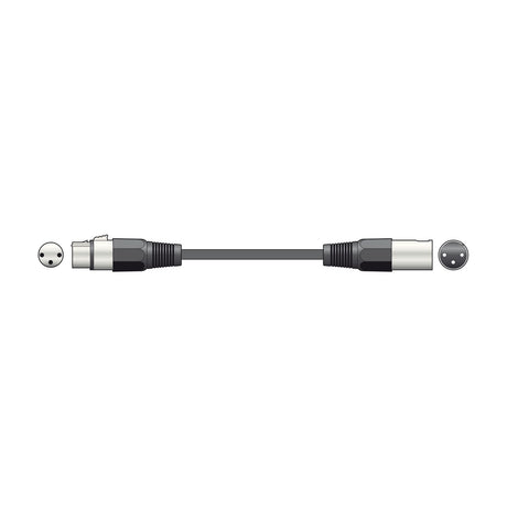 QTX Essential 3.0m microphone lead with black rubberised jacket, showing female and male die-cast XLR connectors with pin-end views on a white background.
