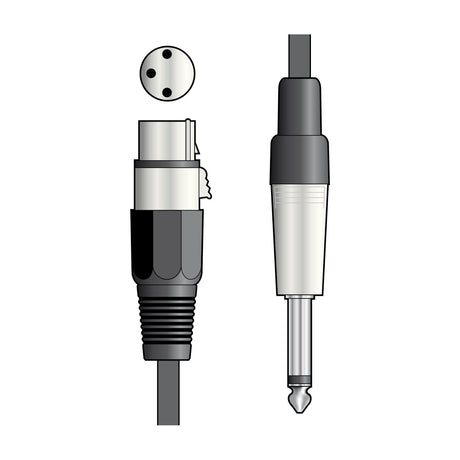 QTX Essential 1.5m microphone lead by AVSL showing a female XLR connector with pin diagram and a 6.3mm mono jack plug on a plain white background.