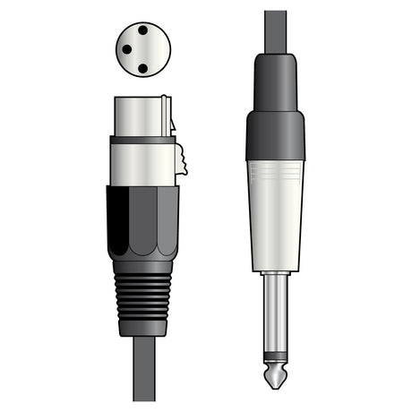 Depiction of audio connectors: the QTX Essential Microphone Lead XLR to Jack - 1.5m features a three-pin XLR connector on the left and a 1/4 inch TRS plug on the right, both showcasing black and silver finishes. Perfect for microphone audio leads, the XLR end emphasizes its pin configuration.