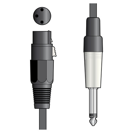 Illustration of the Citronic Classic Microphone Lead, showcasing a MIDI cable connector with an audio lead featuring a round, three-pin XLR plug on the left and a 6.35mm jack on the right, both in black and gray housings, adeptly transmitting unbalanced signals over its 3-meter length.