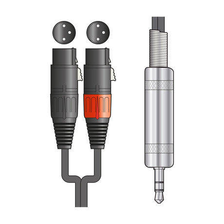 Citronic 3.5mm to twin XLR male audio lead with two black XLR connectors and a silver 3.5mm stereo jack on a white background.